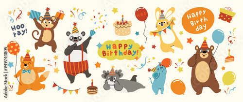 Happy birthday concept animal vector set. Collection of adorable wildlife, bear, monkey, rabbit, rat, panda, squirrel. Birthday animal character illustration for greeting card, kid, education, prints.