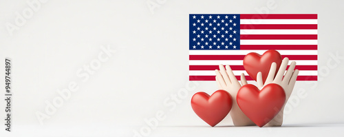 USA Volunteer Day, American flagthemed hearts and hands decorations, community service theme, 3D illustration photo