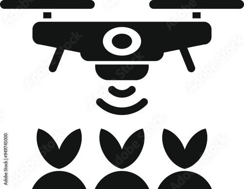 Black icon of a drone flying over crops and scanning them with a signal