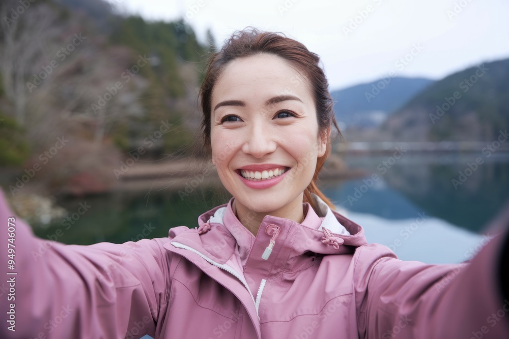 Woman smiling selfie. Happy woman taking selfie outside on a bright day with a beautiful lake and mountains in the background. Woman smiling selfie. Happy woman taking selfie outside on a bright day with a beautiful lake and mountains in the background.