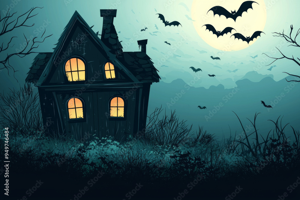 A Haunted House in the Night with Bats Flying Around a Full Moon A Haunted House in the Night with Bats Flying Around a Full Moon