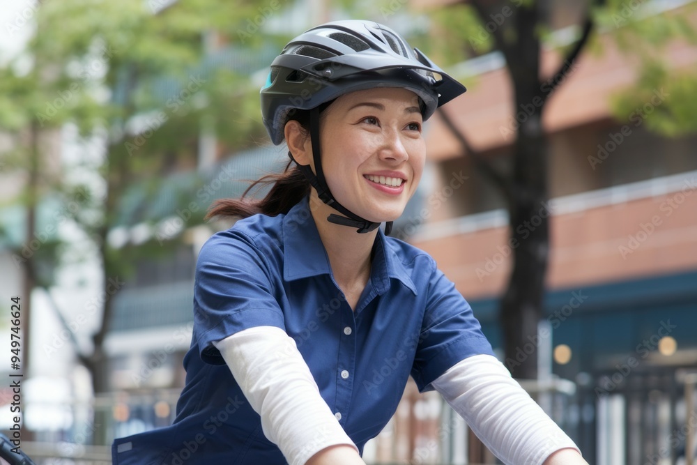 Woman bike helmet. Smiling woman wearing a helmet, ready for a bike ride, outdoors. Woman bike helmet. Smiling woman wearing a helmet, ready for a bike ride, outdoors.