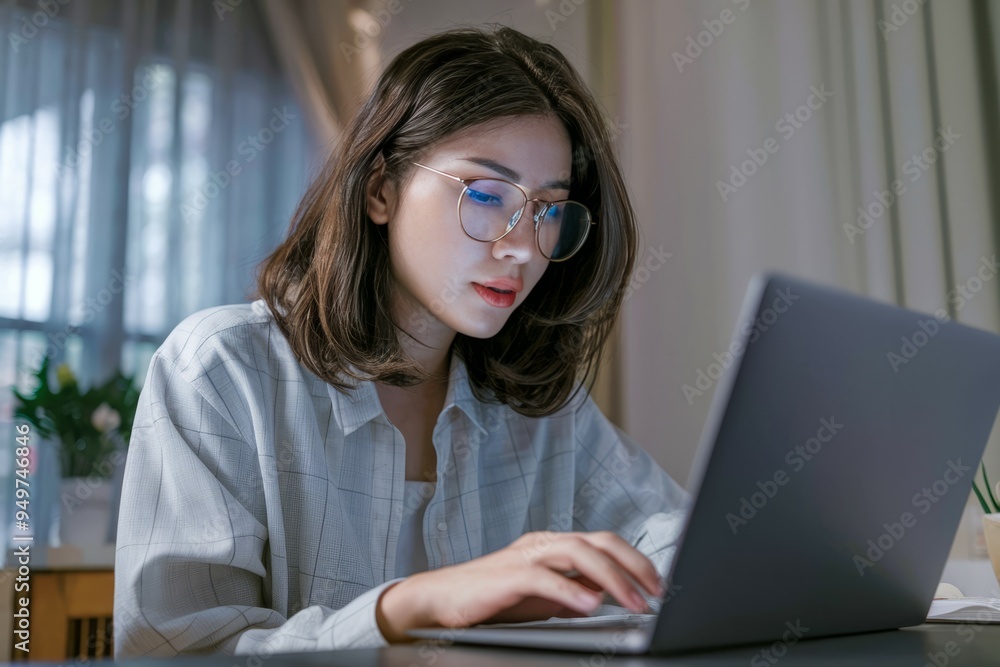 Woman working laptop. Young woman using a laptop, working from home, focused and concentrated on her task. Woman working laptop. Young woman using a laptop, working from home, focused and concentrated on her task.