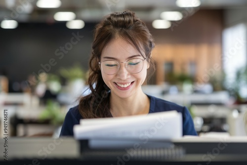 Happy worker review. Smiling woman with glasses reviewing documents at work. She is focused and determined to get her task done.