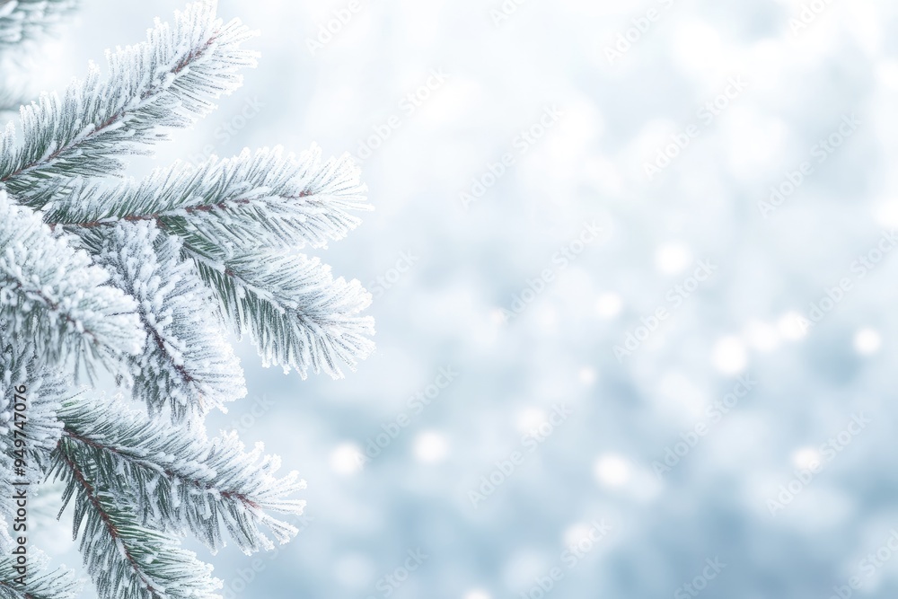 Snowy Christmas background with a close - up of frosted pine branches Snowy Christmas background with a close - up of frosted pine branches