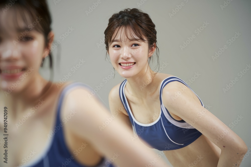 Happy workout. Smiling woman in blue and white sports bra, training in a gym. Happy workout. Smiling woman in blue and white sports bra, training in a gym.