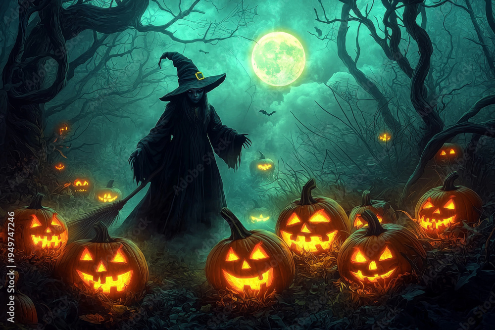 A Witch and Jack-o'-Lanterns in a Dark Forest under a Full Moon A Witch and Jack-o'-Lanterns in a Dark Forest under a Full Moon