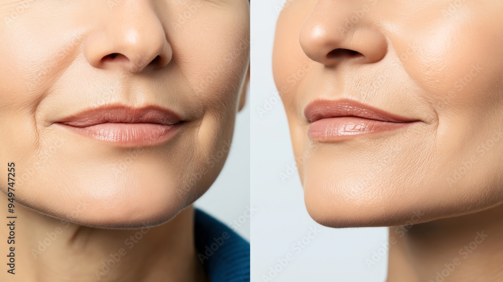 Before and after comparison of a woman's lower face showing improvements in skin texture and wrinkles. Before and after comparison of a woman's lower face showing improvements in skin texture and wrinkles.