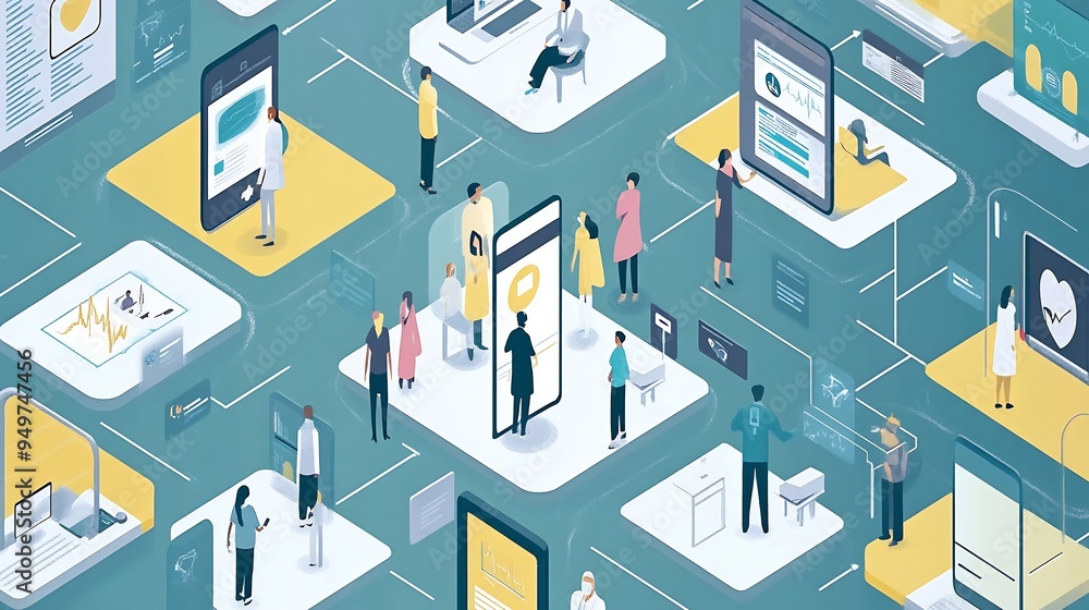 Illustration of a telehealth platform with doctors and patients connected through secure userfriendly interfaces Illustration of a telehealth platform with doctors and patients connected through secure userfriendly interfaces