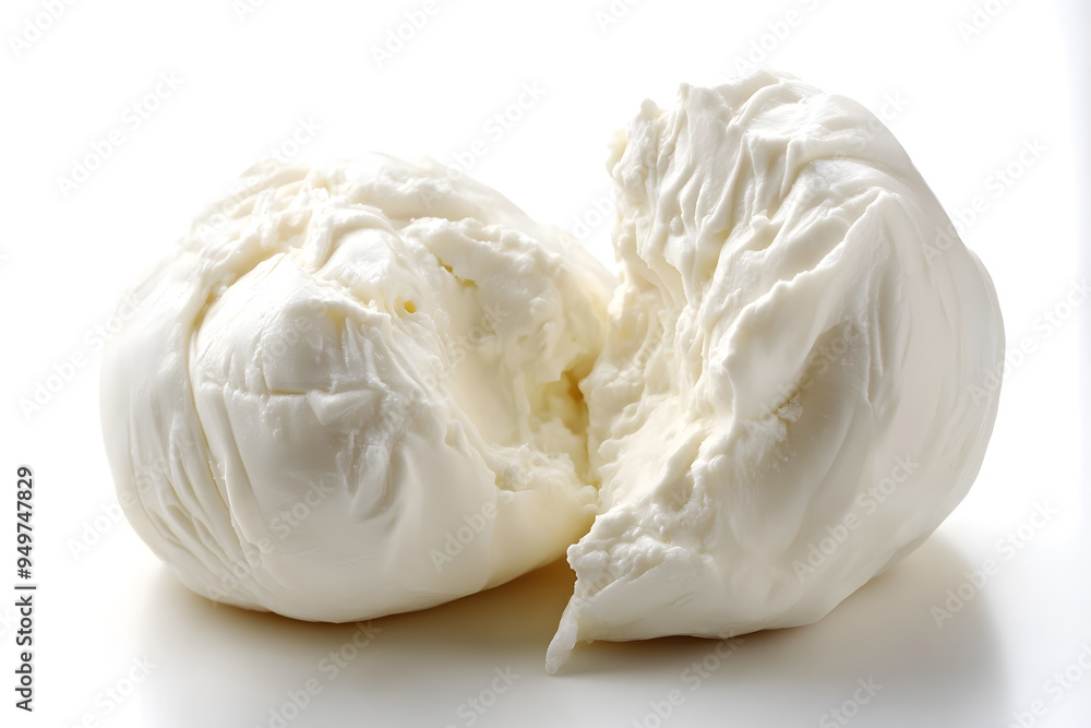 Fresh piece burrata cheese with basil close up isolated on white background Fresh piece burrata cheese with basil close up isolated on white background