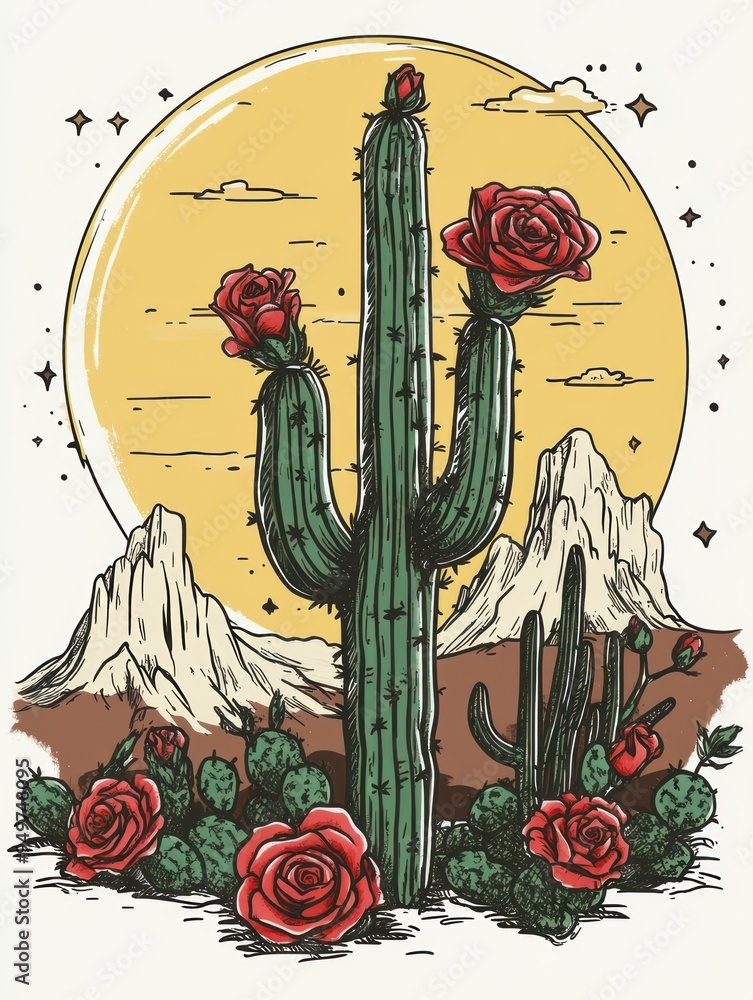 A vibrant illustration of a cactus adorned with roses, set against a mountainous landscape. A vibrant illustration of a cactus adorned with roses, set against a mountainous landscape.