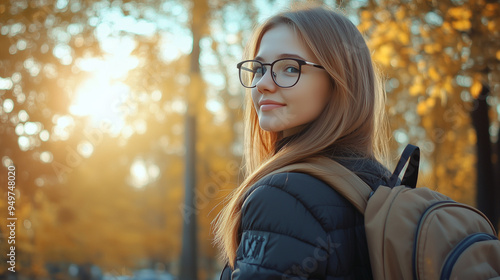  Studentka z plecakiem i okularami spaceruje po jesiennym parku, gdzie drzewa są pokryte kolorowymi liśćmi.  photo