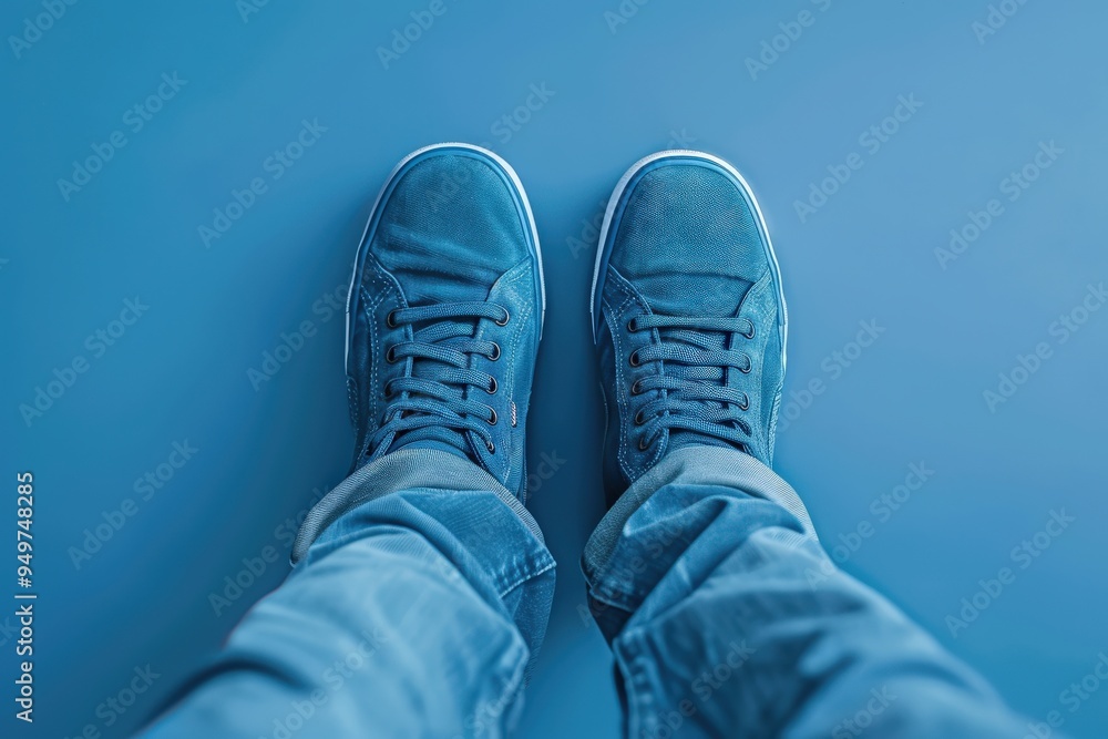 Blue Shoes. Blue Shoes on Feet in Lifestyle Composite with Body Silhouette on Blue Background Blue Shoes. Blue Shoes on Feet in Lifestyle Composite with Body Silhouette on Blue Background