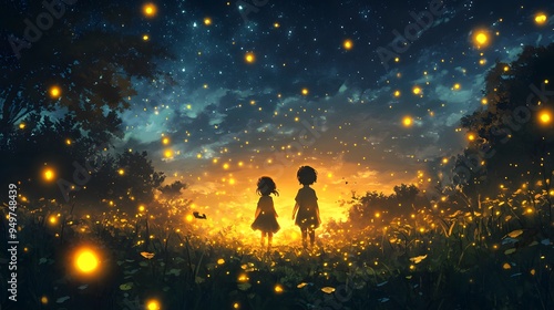 Two Children Admire Fireflies Under a Starry Night Sky