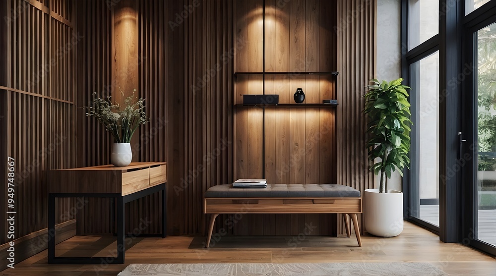 Modern wooden entrance hallway adorned with warm, cozy tones.The contemporary home features a sleek wooden desk, an elegant stand, and a practical shoe bench. Modern wooden entrance hallway adorned with warm, cozy tones.The contemporary home features a sleek wooden desk, an elegant stand, and a practical shoe bench.