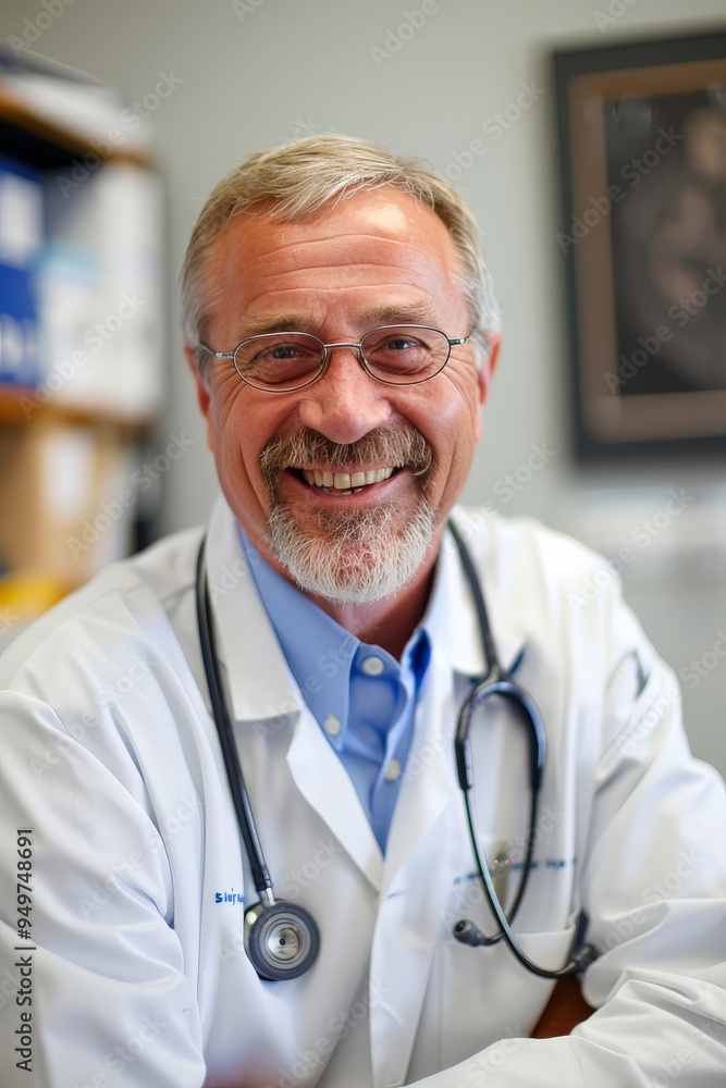 Reassuring doctor smiling in a medical office Reassuring doctor smiling in a medical office