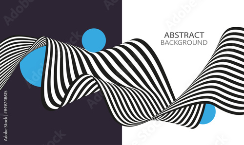 Abstract horizontal striped curved ribbon with black and white lines on dark gray and white background