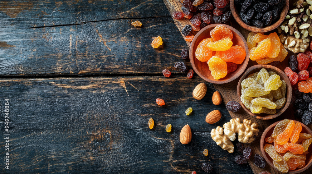 A close-up of dried tropical fruits, such as mango and pineapple, mixed with various nuts like almonds and cashews, along with raisins, spread out on an old wooden table. A close-up of dried tropical fruits, such as mango and pineapple, mixed with various nuts like almonds and cashews, along with raisins, spread out on an old wooden table.