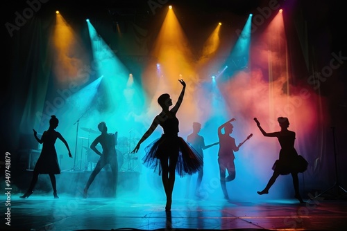 Silhouetted Dance Performance on Vibrant Musical Film Set with Dynamic Backlighting