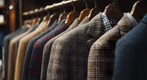 A Rack of Men’s Suits in an Elegant Boutique, Featuring Wool Suits and Stylish Apparel 