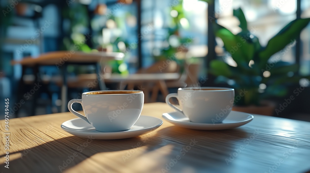 Close up cups of coffee or tea on the table in the office in the background. AI generated image hyper realistic Close up cups of coffee or tea on the table in the office in the background. AI generated image hyper realistic