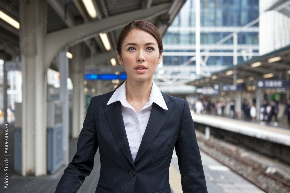 Fototapeta premium Businesswoman train station. Confident businesswoman waiting on train platform. Professional, commuting, urban lifestyle.