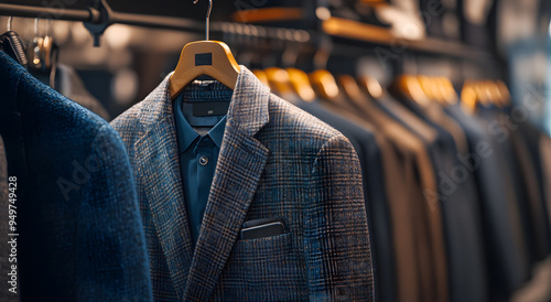 A Rack of Men’s Suits in an Elegant Boutique, Featuring Wool Suits and Stylish Apparel
 photo