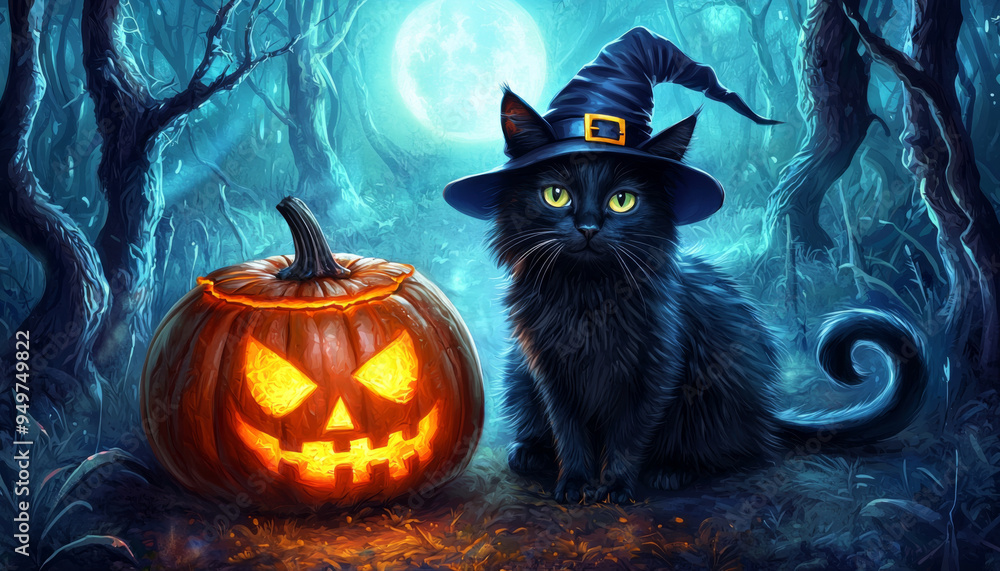 Black Cat Wearing Witch Hat with Jack-o-Lantern in a Forest Black Cat Wearing Witch Hat with Jack-o-Lantern in a Forest