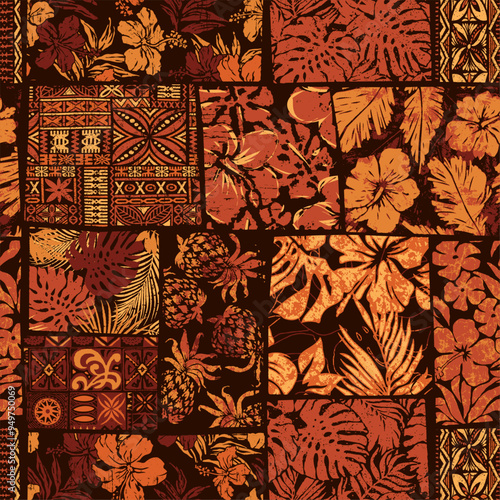 Tropical leaf hibiscus flowers Hawaiian tribal element patchwork wallpaper abstract grunge vector seamless pattern for fabric shirt pillow tablecloth towel wrapping
