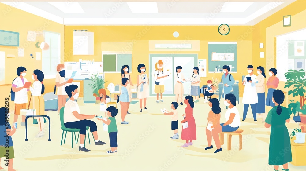 Illustration of a vaccination drive with diverse groups of people receiving vaccines in a community center Illustration of a vaccination drive with diverse groups of people receiving vaccines in a community center