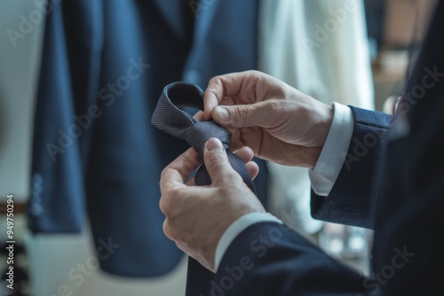 Man tying necktie. A man adjusts a dark necktie, symbolizing success and professionalism.