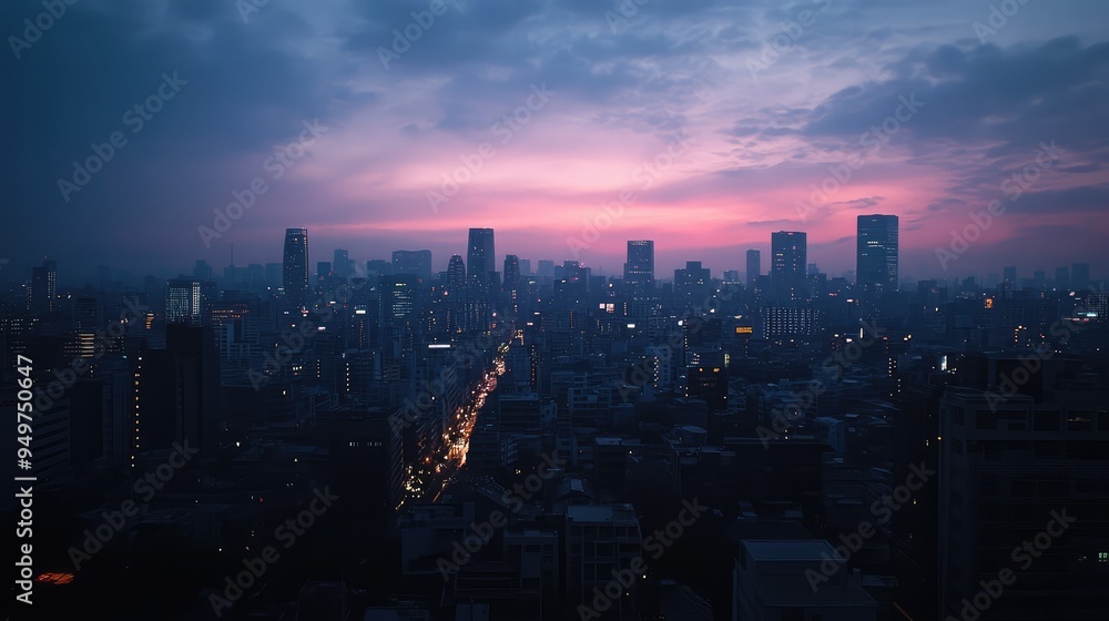Fototapeta premium Cityscape at dusk with the skyline fading into the distance, creating a sense of depth and expansive urban horizons.