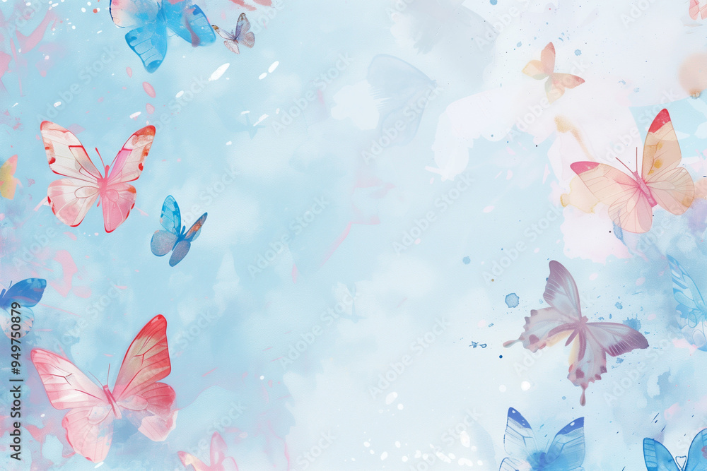 Fototapeta premium Abstract wedding horizontal butterfly background. Pastel light blue backdrop with colorful butterflies. Watercolor hand drawn illustration. Mixed media art collage. Space for text