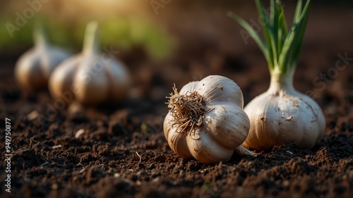 Fresh organic garlic in the soil on the background.