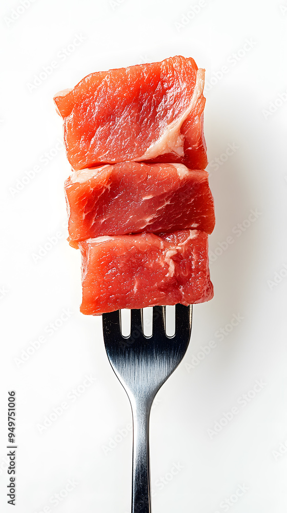 Pieces of raw meat on a fork isolated on white background Pieces of raw meat on a fork isolated on white background