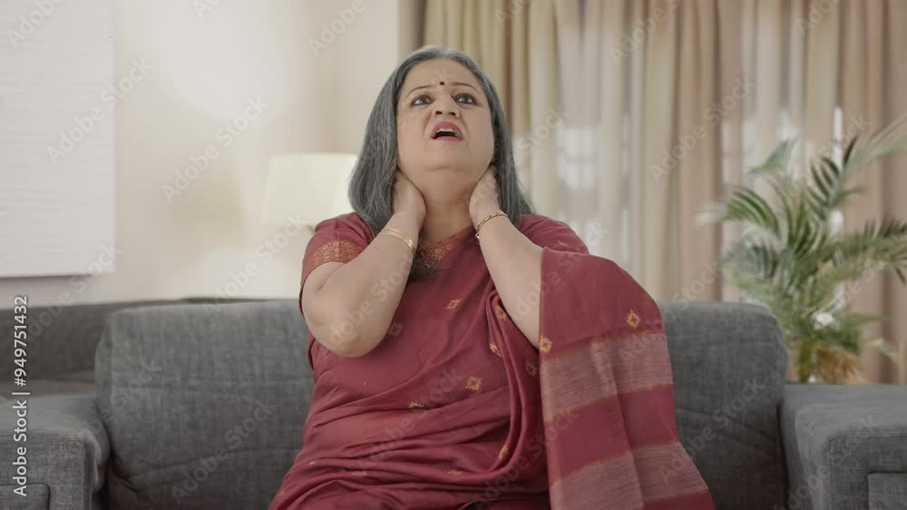 Sick Indian old woman suffering from neck pain Sick Indian old woman suffering from neck pain