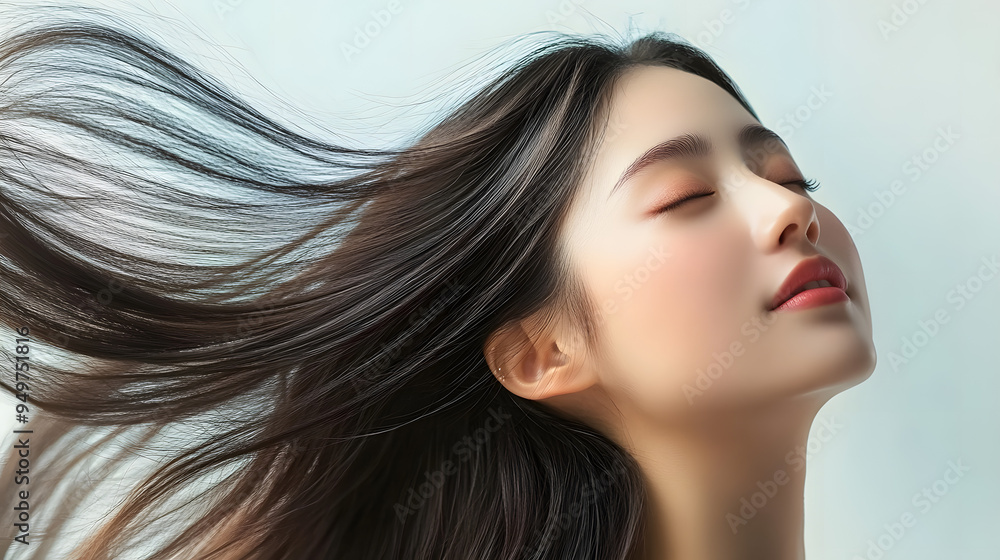 Portrait of a beautiful young asian model woman shaking her beautiful hair in motion. Women's hair is vibrant and shining. Portrait of a beautiful young asian model woman shaking her beautiful hair in motion. Women's hair is vibrant and shining.