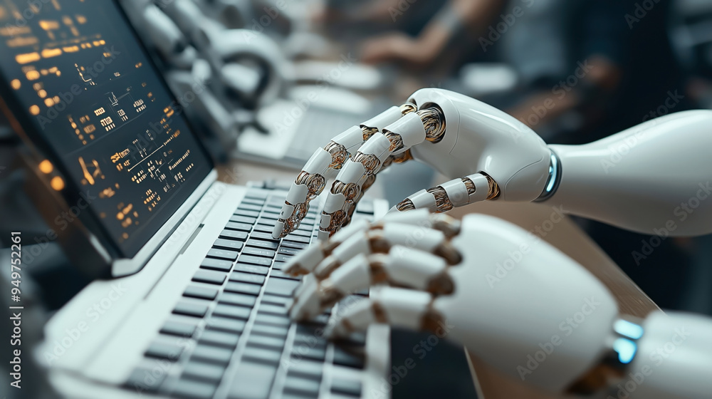 A close-up of a robot typing on a laptop keyboard with data displayed on the screen. The image highlights technology and automation concepts. A close-up of a robot typing on a laptop keyboard with data displayed on the screen. The image highlights technology and automation concepts.