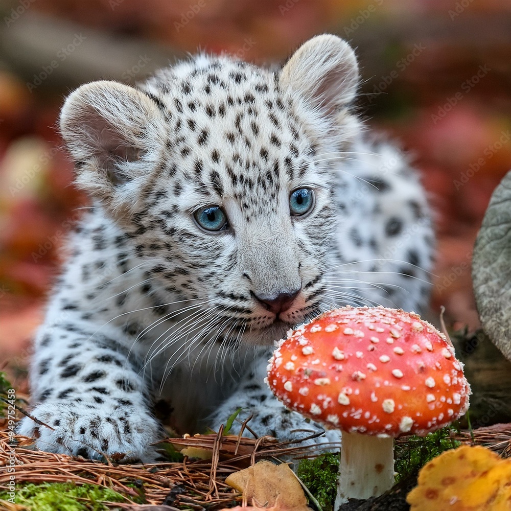Obraz premium Ein Leopardenbaby vor einem Fliegenpilz