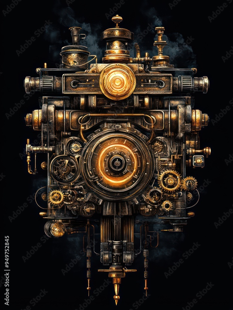 A complex steampunk machine featuring gears, pipes, and glowing elements. A complex steampunk machine featuring gears, pipes, and glowing elements.