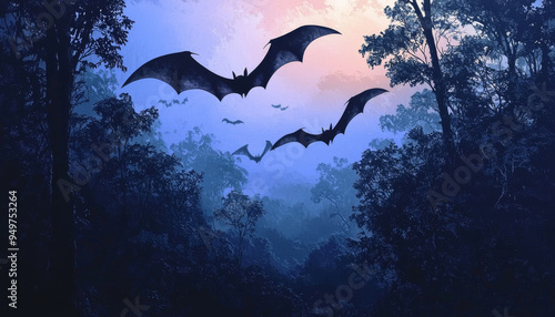 Bats Flying Through a Misty Forest at Dusk