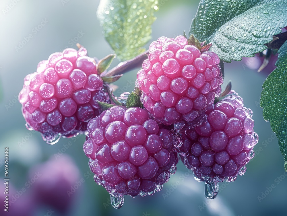 Sparkling Huckleberry Delight: Vibrant 3D Berry on Branch with Water Droplets against Soft Mint Background - High Gloss Finish Sparkling Huckleberry Delight: Vibrant 3D Berry on Branch with Water Droplets against Soft Mint Background - High Gloss Finish