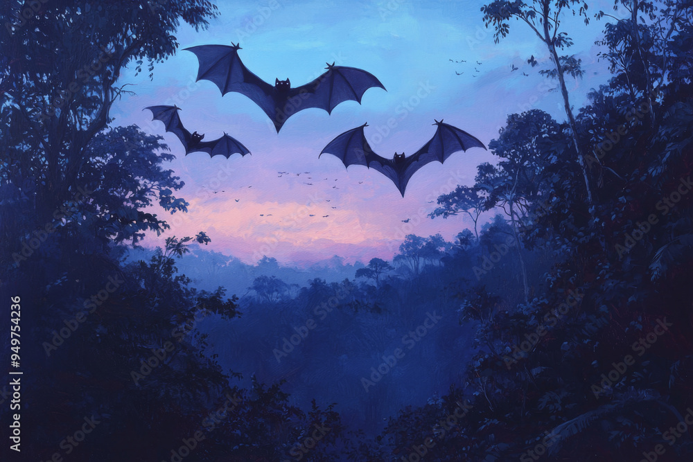 Three Bats Flying Over a Forest at Twilight Three Bats Flying Over a Forest at Twilight