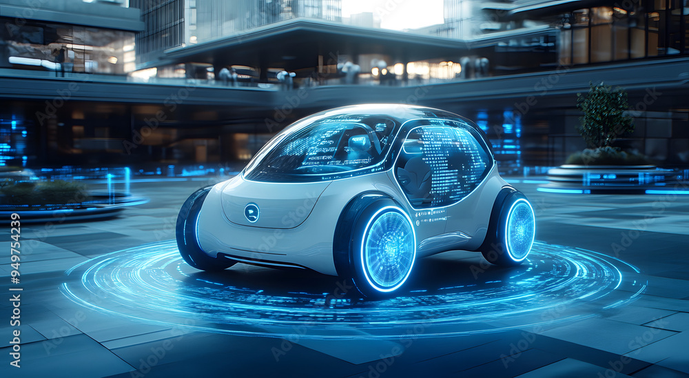 A White Electric Smart Car with Blue LED Lights is Driving Through a City Street
A White Electric Smart Car with Blue LED Lights is Driving Through a City Street