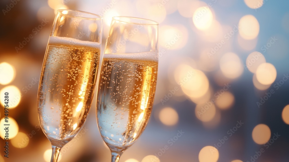 Two sparkling champagne flutes clinking together, celebrating joy and special moments, with festive bokeh lights in the background. Two sparkling champagne flutes clinking together, celebrating joy and special moments, with festive bokeh lights in the background.