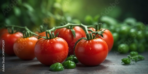 Juicy red tomatoes over a green branch Ripe vegetables.