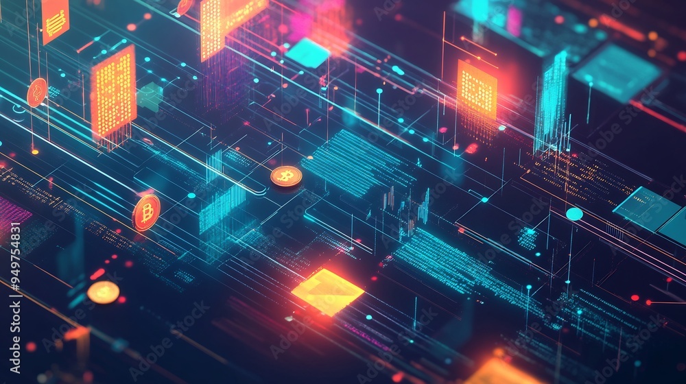 Illustration of cryptocurrency trading with digital coins and blockchain networks visualized Illustration of cryptocurrency trading with digital coins and blockchain networks visualized
