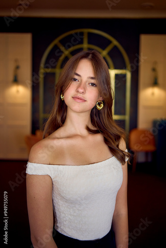 16-year-old teenage girl in old money style clothes in a fancy restaurant