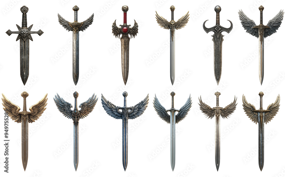 Antique swords and shields in different designs isolated on transparent background Antique swords and shields in different designs isolated on transparent background