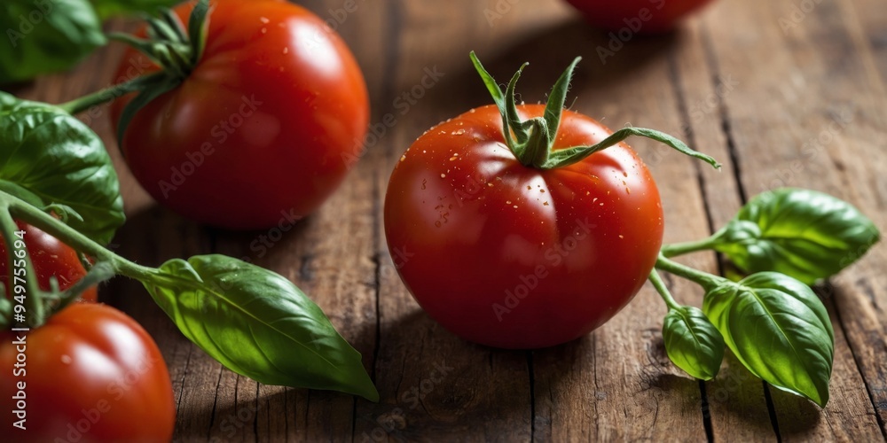 Fresh tomatoes with basil on a wooden surface. Fresh tomatoes with basil on a wooden surface.